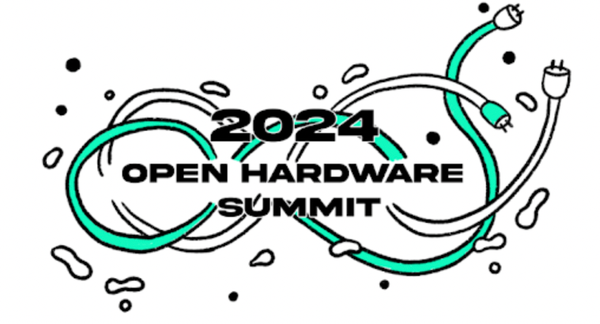 Black text reads "2024 Open Hardware Summit" over a background of cords swirling around an open space